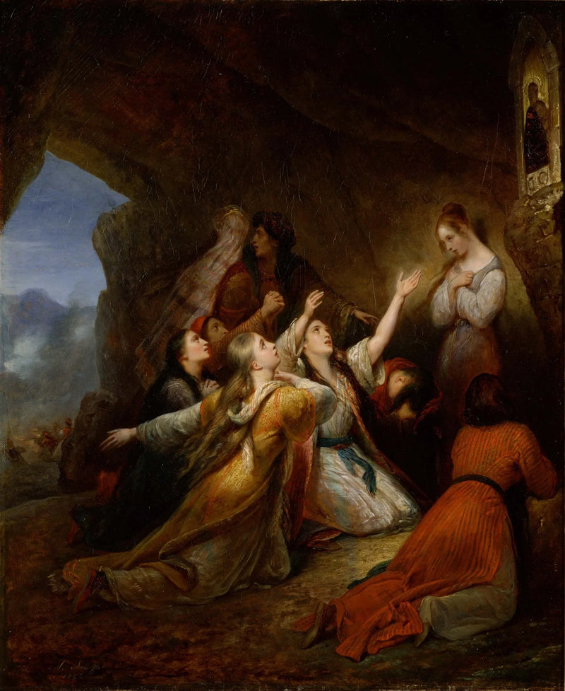 De greske kvinnene ber om hjelp fra Jomfruen - Ary Scheffer