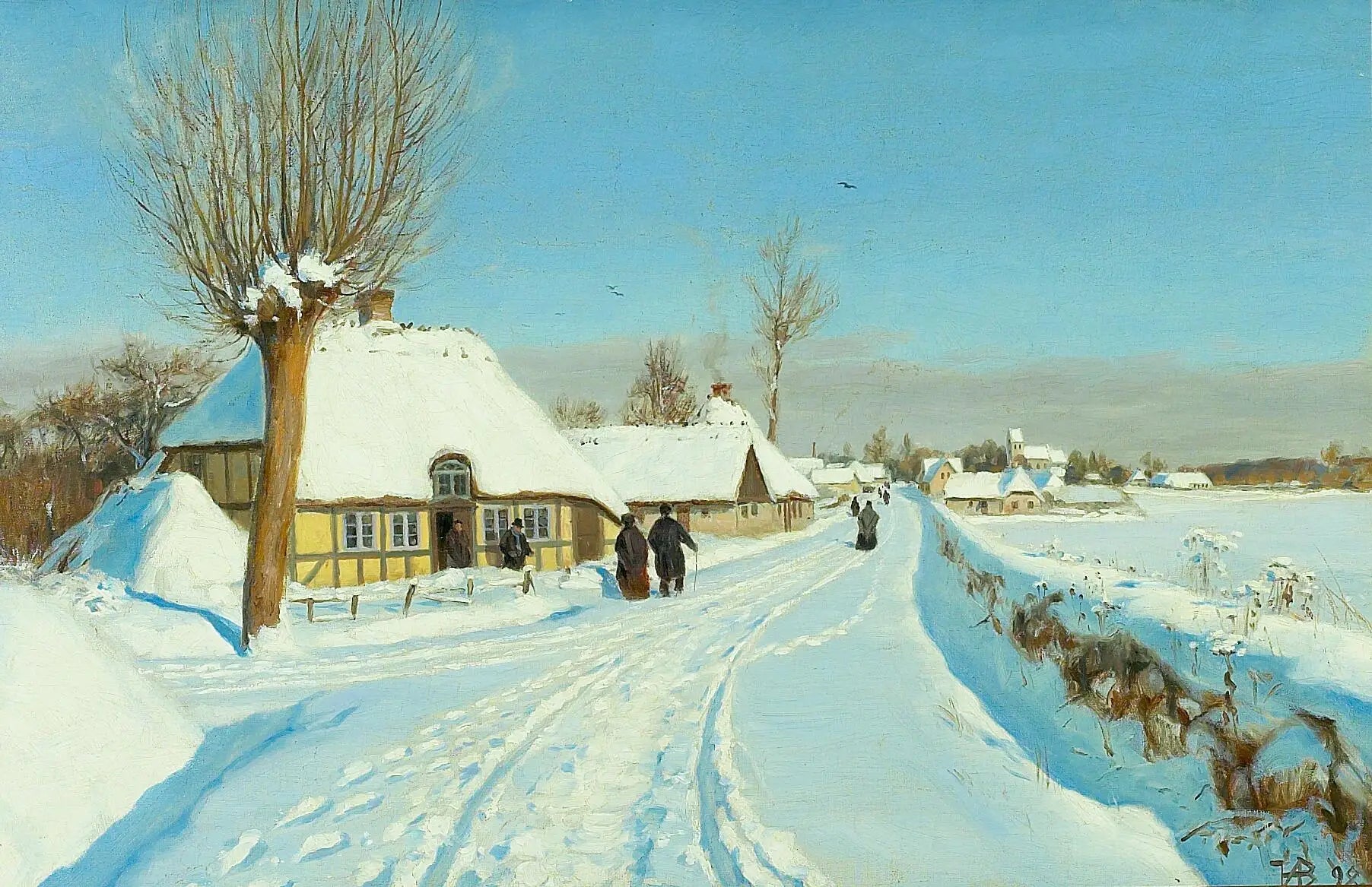 Les fidèles se dirigent vers l'église le matin de Noël. - H. A. Brendekilde image 1 copie peinte à la main à l’huile