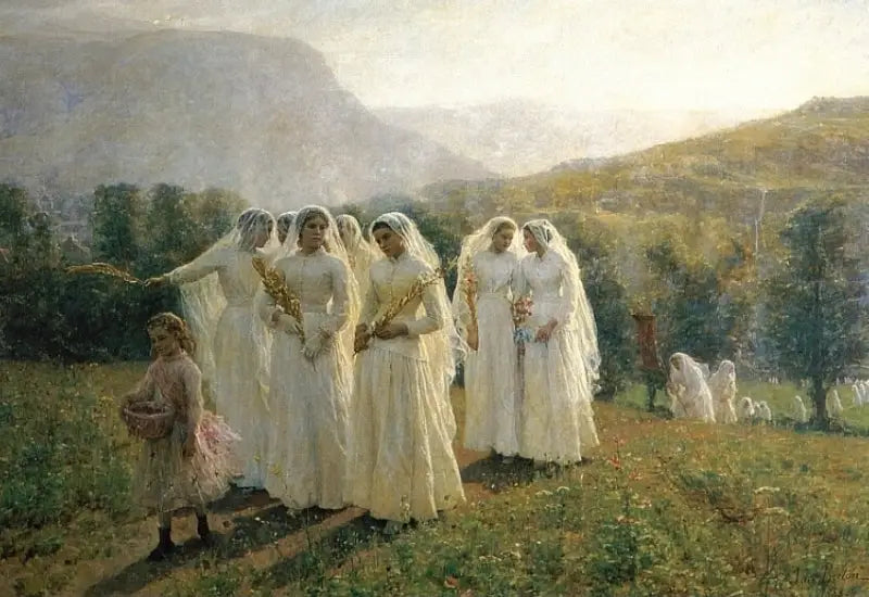 Jentene drar til prosesjonen - Jules Breton