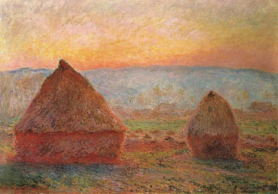 Høystakker i Giverny, solnedgang - Claude Monet