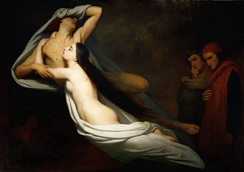 Skyggene av Francesca da Rimini og Paolo Malatesta vises for Dante og Virgilio - Ary Scheffer