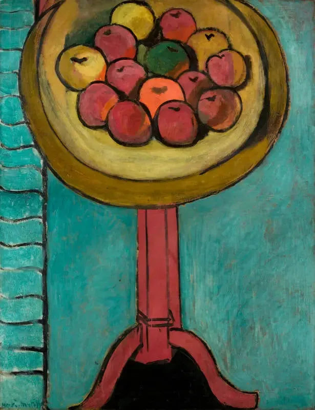 Eplene på bordet, mot grønn bakgrunn - Henri Matisse