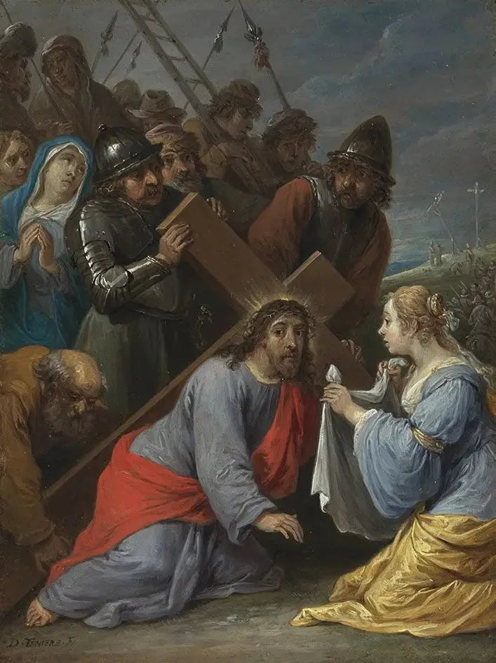 De femten hemmelighetene i rosenkransen: Kristi bæring av korset med møtet med Veronika - David Teniers den Yngre

Source:
Les quinze secrets du rosaire : le portement de la croix par le Christ avec la rencontre avec Véronique - David Teniers le Jeune