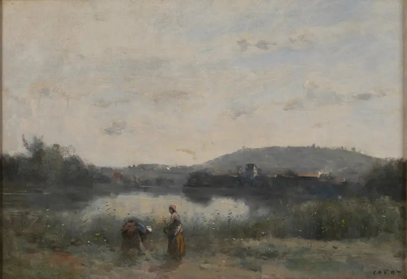Elvenes bredd av en elv dominert i det fjerne av åser - Jean-Baptiste Camille Corot