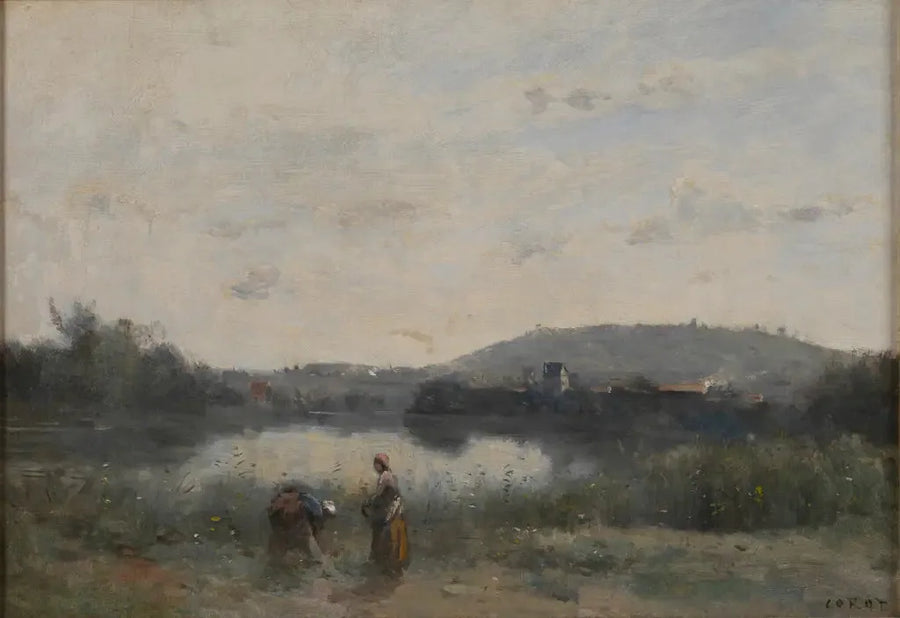 Elvenes bredd av en elv dominert i det fjerne av åser - Jean-Baptiste Camille Corot