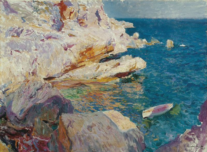 Klippene i Jávea og den hvite båten - Joaquín Sorolla