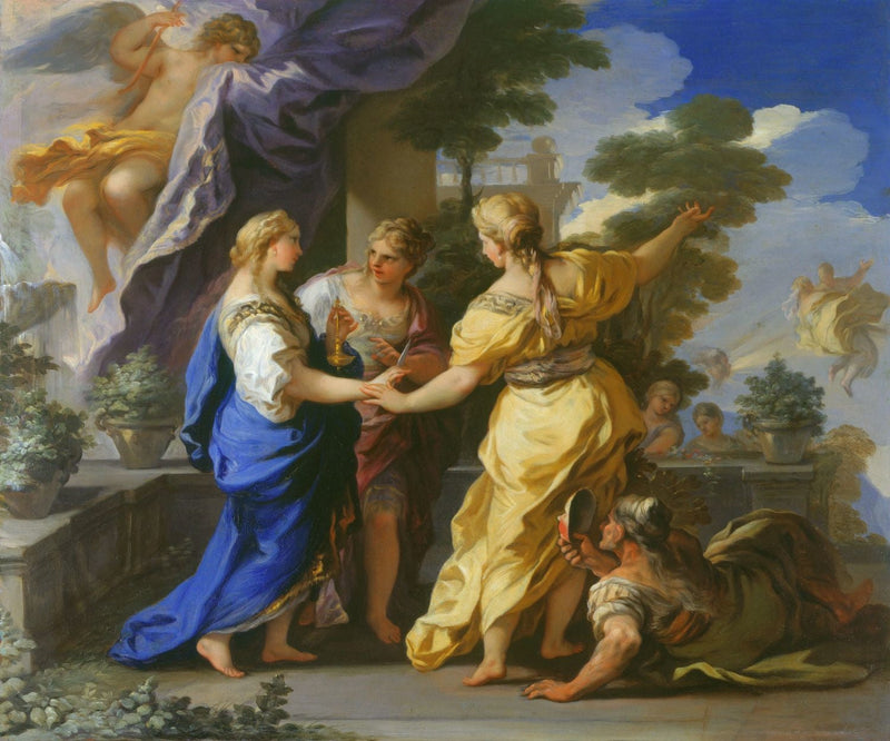 Psychés søstre gir henne en lampe og en dolk. - Luca Giordano