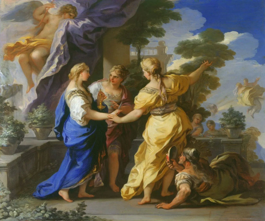 Psychés søstre gir henne en lampe og en dolk. - Luca Giordano