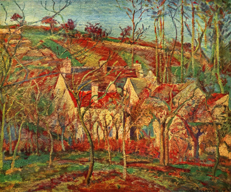 De røde tak, landsbyhjørne, vintereffekt - Camille Pissarro