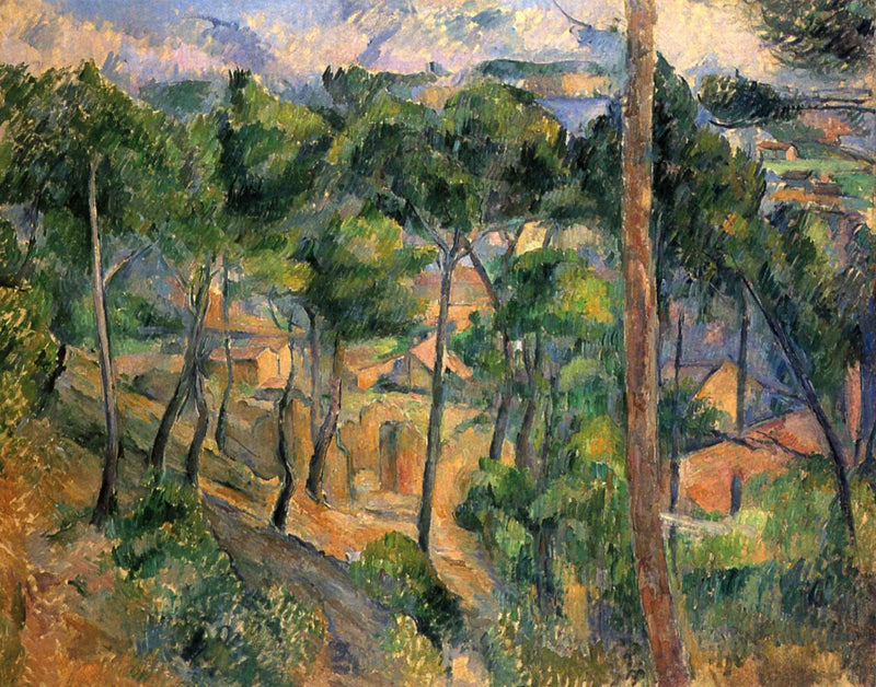 L'Estaque sett gjennom furutrærne - Paul Cézanne