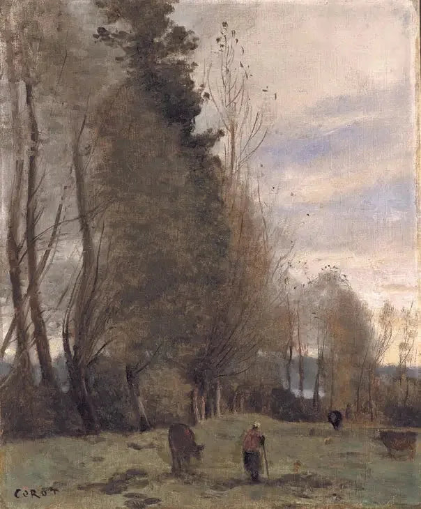 Hvilestedet på ranch, bonde og tre kuer - Jean-Baptiste Camille Corot