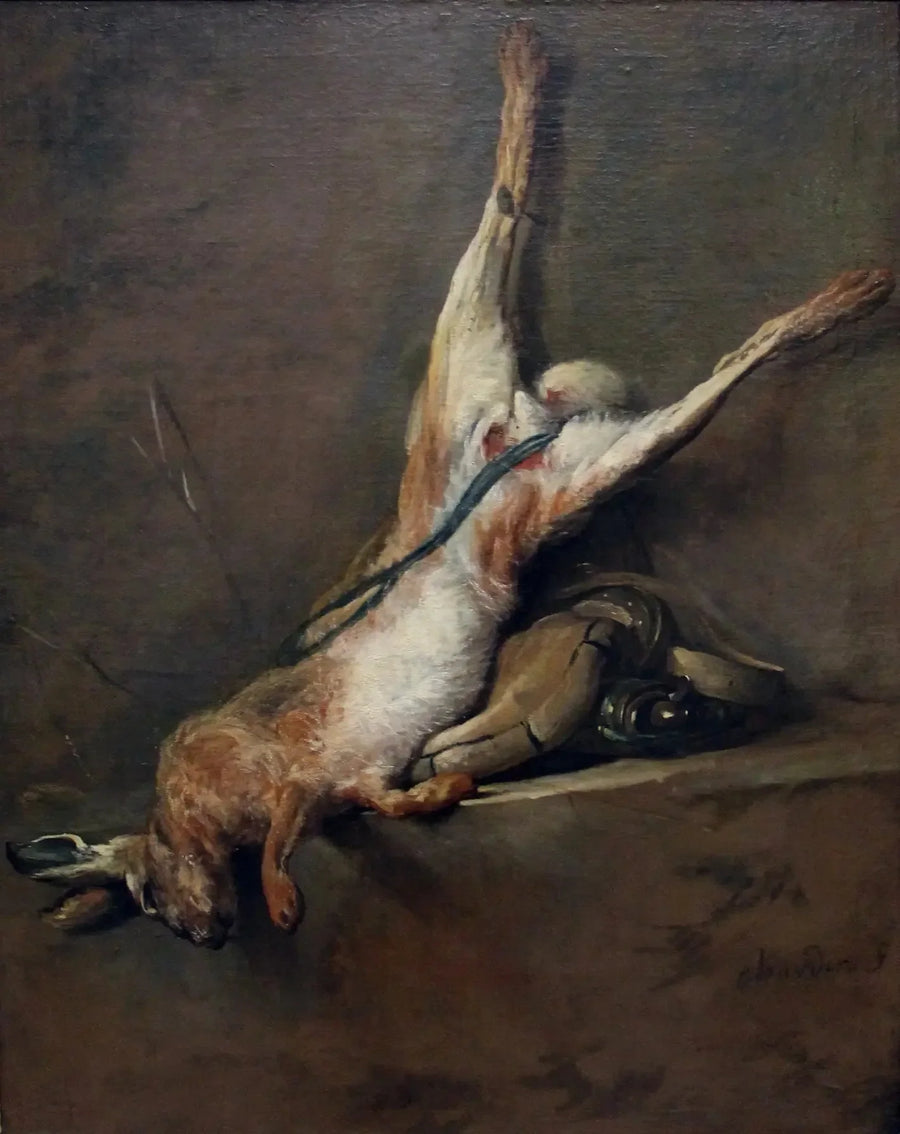 Død hare med pulverpære og jaktveske - Jean Siméon Chardin