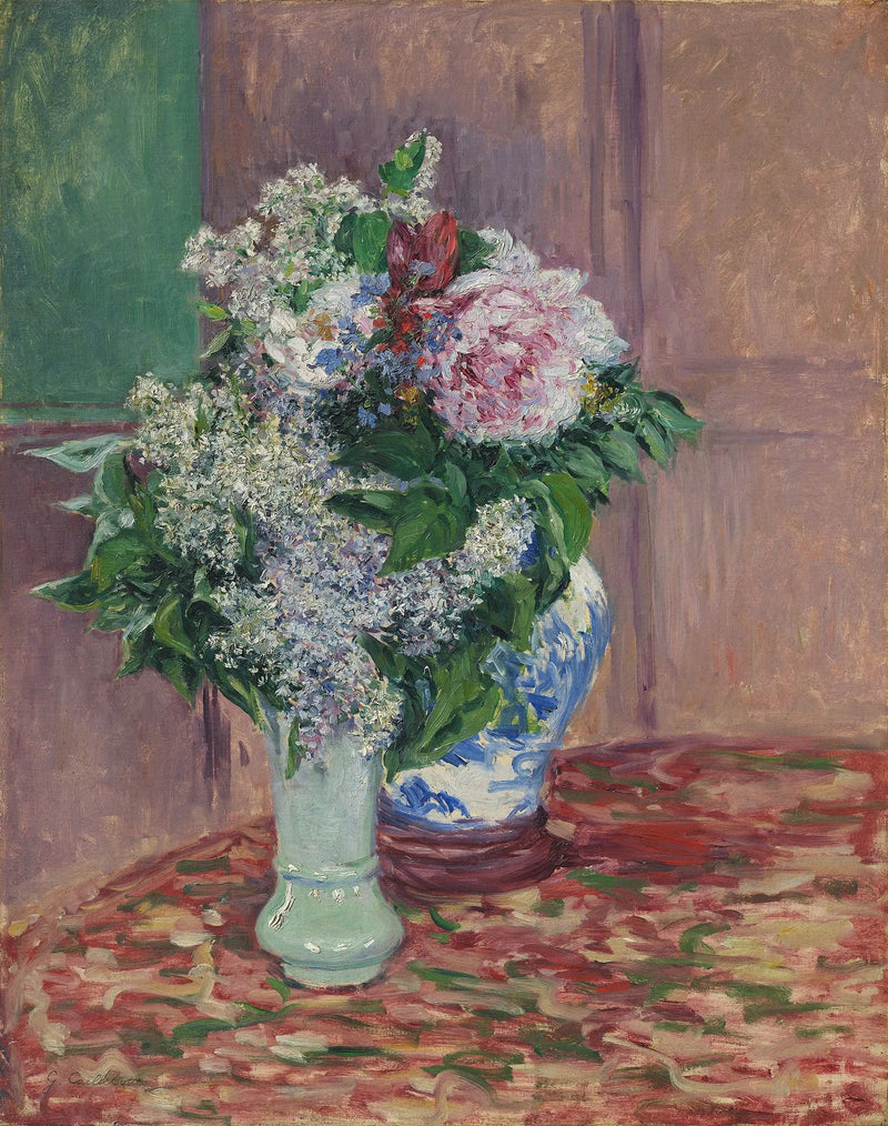 Liljer og pioen i to vaser - Gustave Caillebotte