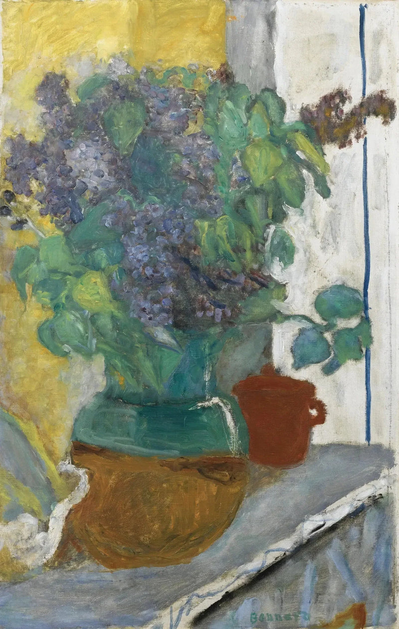 Lilla mauve i en gul og grønn leirkrukke - Pierre Bonnard