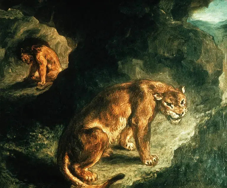 Løvinne og løve i sin hule - Eugène Delacroix