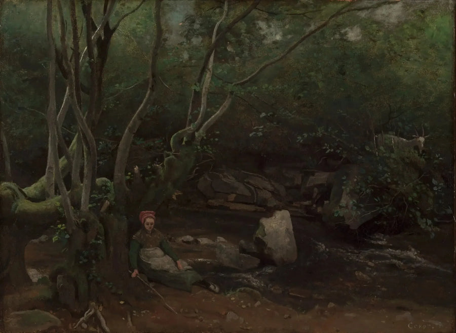 Lormes, En kvinnelig hyrde som sitter ved bredden av en bekk under skog - Jean-Baptiste Camille Corot