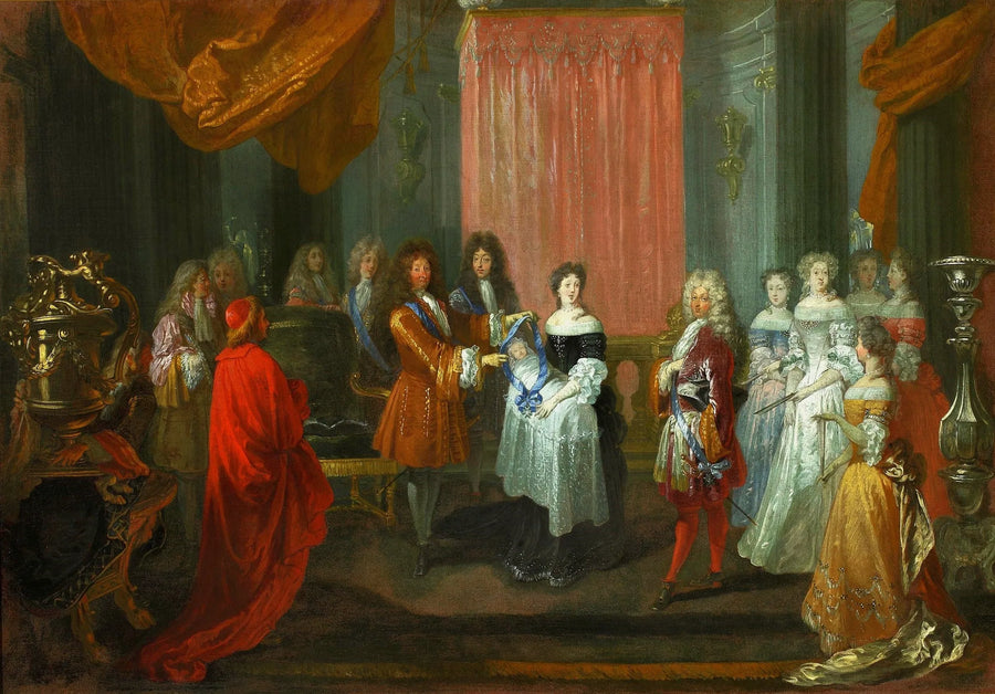 Louis XIV gir blå bånd til hr. hertugen av Bourgogne. - Antoine Watteau