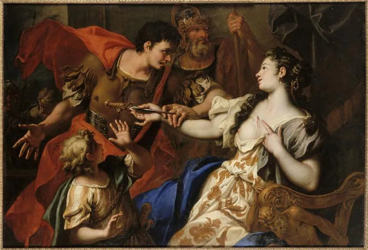Lucrezia begår selvmord foran øynene til sin far Lucretius og sin ektemann Tarquinius Collatinus - Sebastiano Ricci