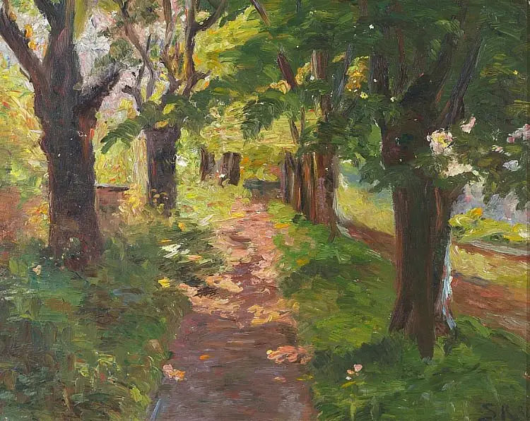 Sollys gjennom trærne i Skagen Plantage. - Peder Severin Krøyer