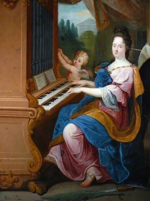 Madame de Maintenon i rollen som Saint Cécile og en gutt (kanskje hertug av Maine) i rollen som en engel som blåser i et orgel - Jean-Baptiste Jouvenet