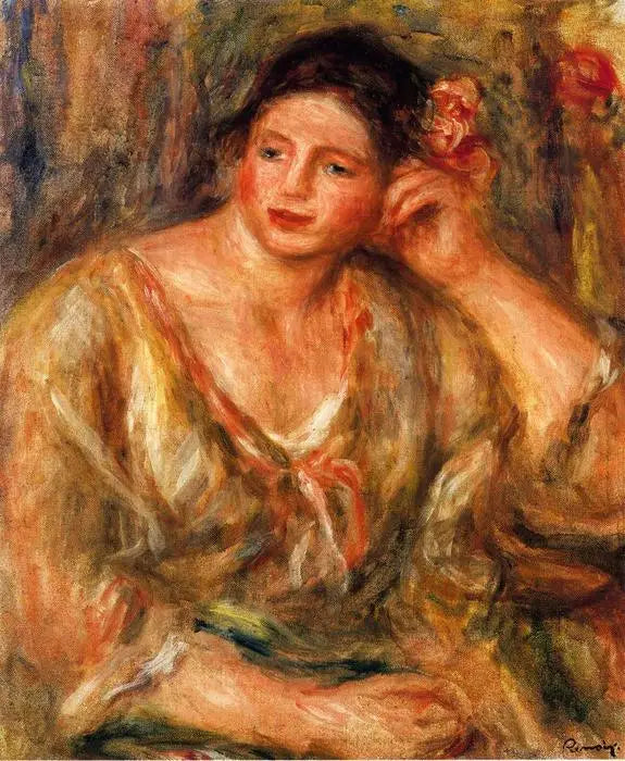 Madeleine støttet på albuen med blomster i håret - Pierre-Auguste Renoir