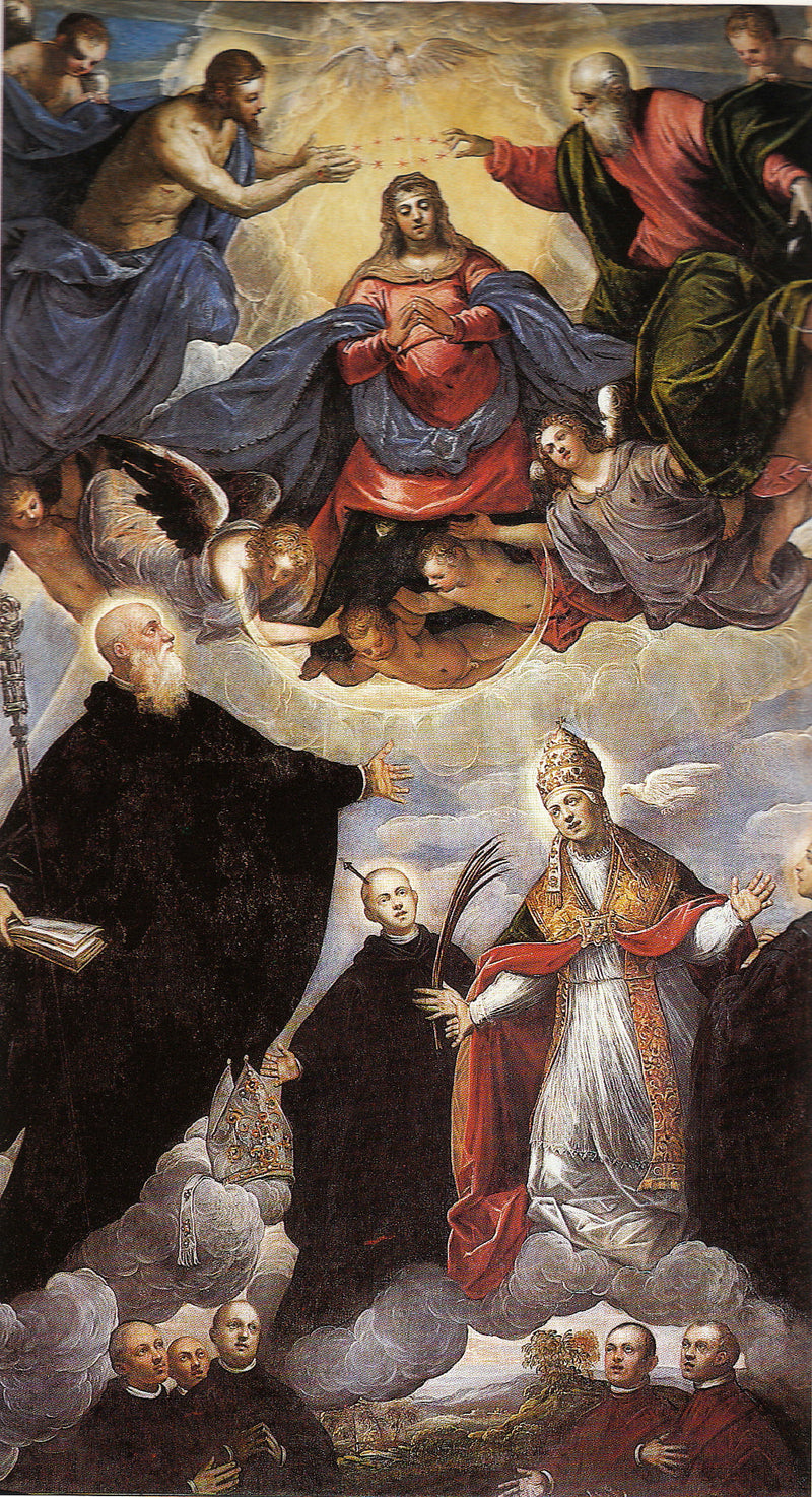 Madone kronet blant hellige benediktinere - Jacopo Tintoretto