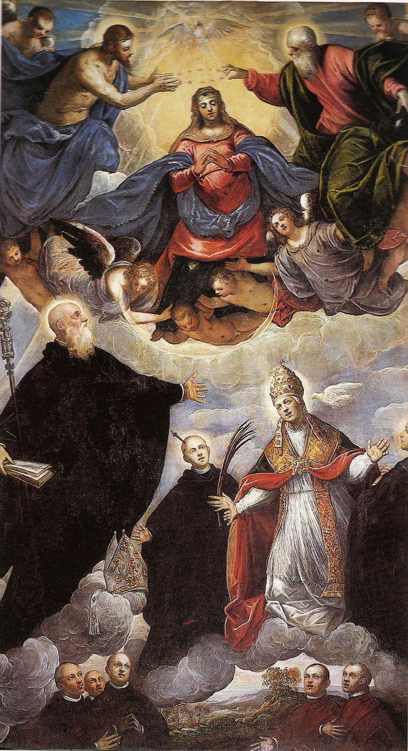 Madone kronet blant hellige benediktinere - Jacopo Tintoretto