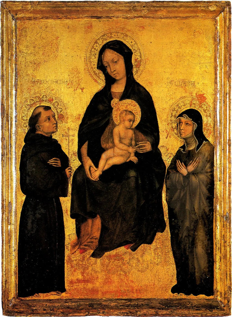 Madonna med barn i herlighet blant helgenene Francesco og Chiara - Gentile da Fabriano