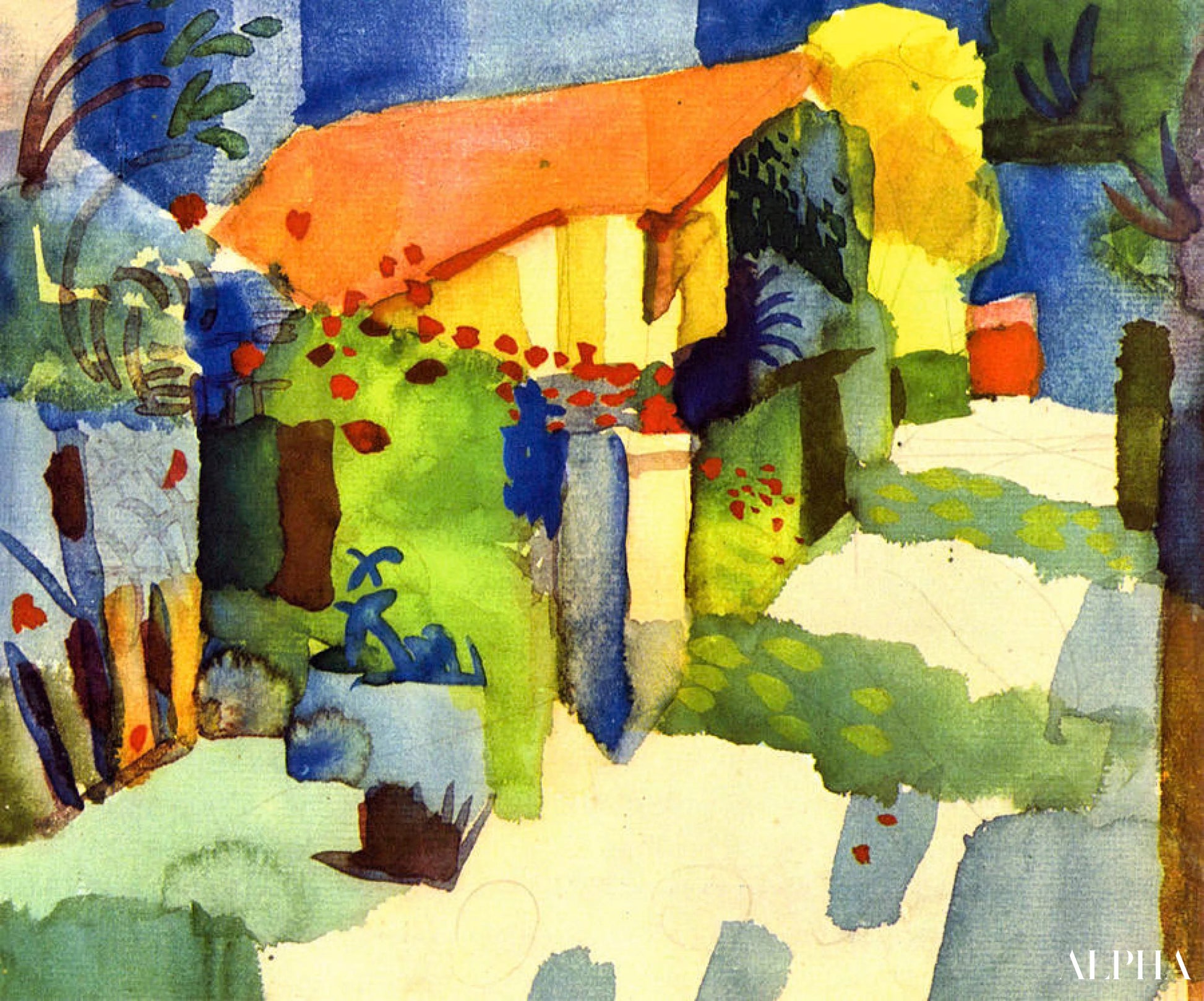 Hus i hagen (detalj) - August Macke - Høykvalitets reproduksjoner av malerier og bilder