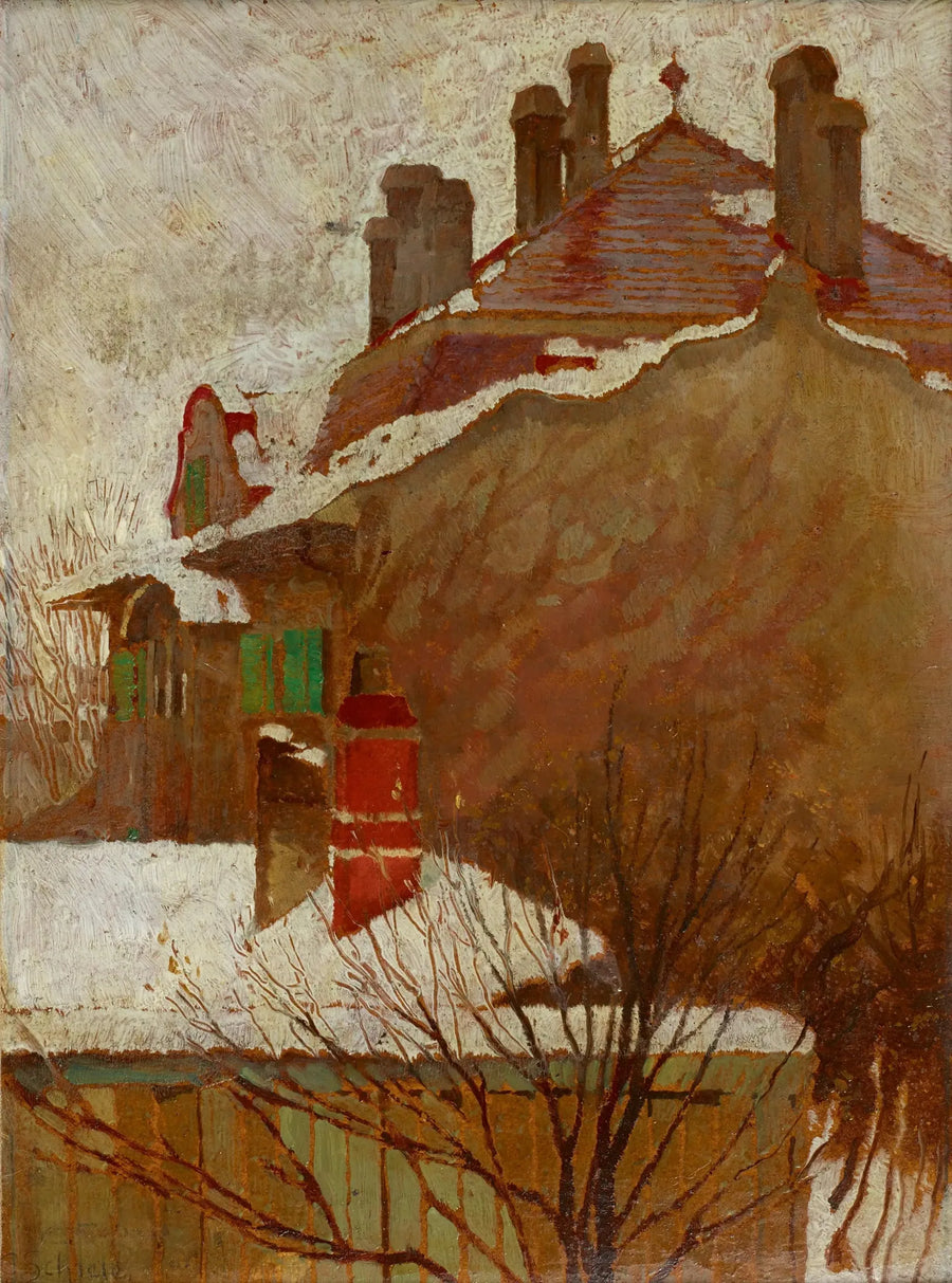 Hus om vinteren (utsikt fra studioet) - Egon Schiele