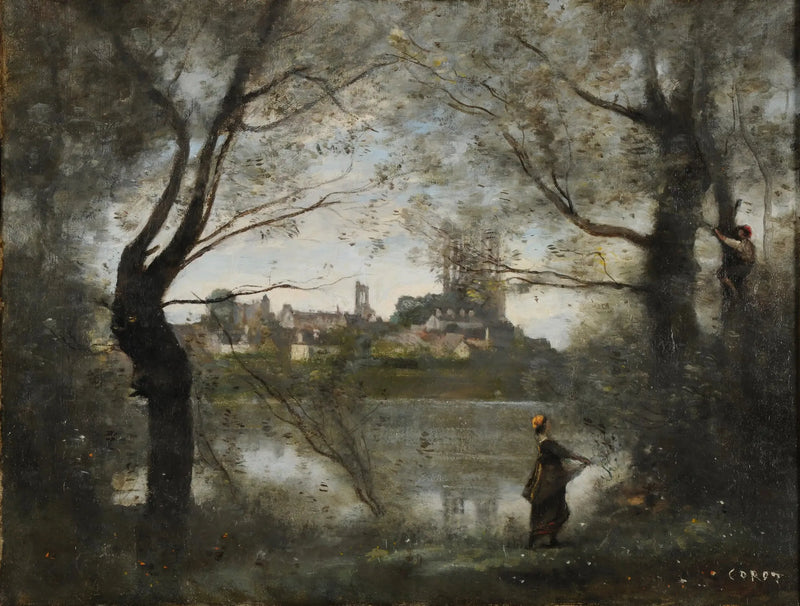 Mantes, katedralen og byen sett gjennom trærne, kvelden - Jean-Baptiste Camille Corot