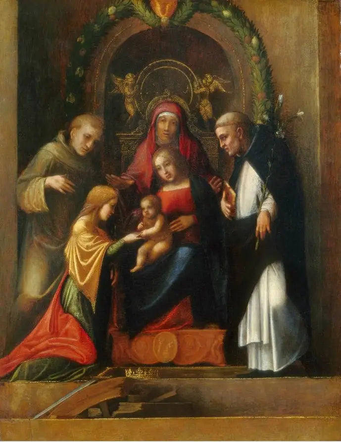 Mystisk ekteskap av den hellige Katarina av Alexandria og helgener - Antonio da Correggio