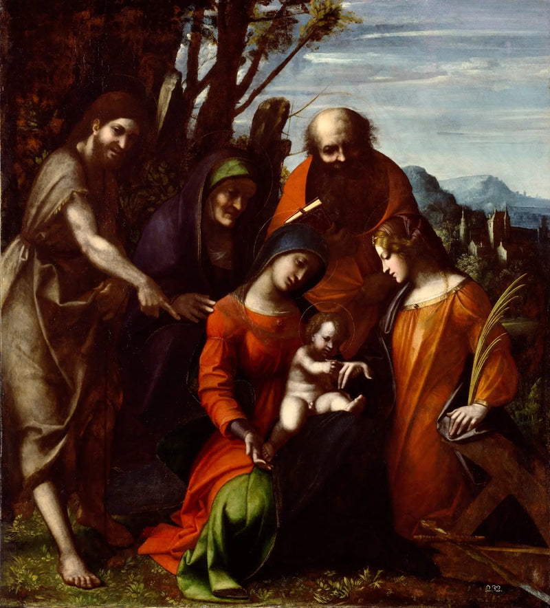 Mystisk bryllup av den hellige Katarina av Alexandria og tre helgener i et landskap - Antonio da Correggio