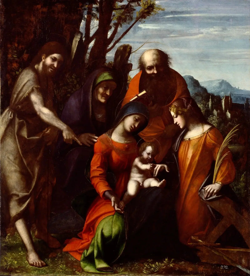 Mystisk bryllup av den hellige Katarina av Alexandria og tre helgener i et landskap - Antonio da Correggio