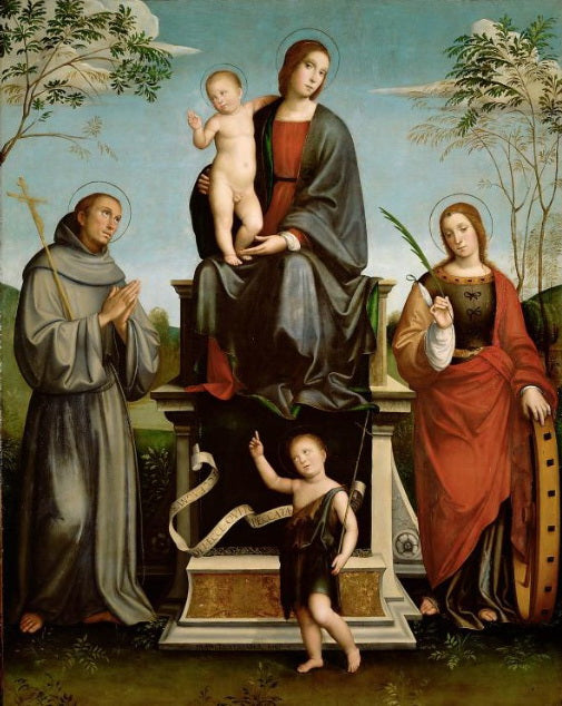 Maria med barnet, Saint Fransiskus, Saint Katarina og den unge Saint Johannes Døperen - Francesco Francia