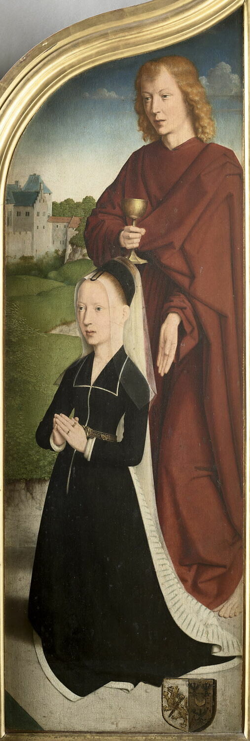 Marie, hustru av Jean de Sedano, i bønn med evangelisten Johannes; ytre side: Eva, naken - Gérard David