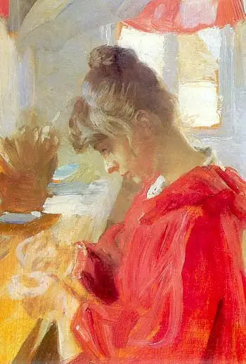 Marie sitter ved et bord og syr - Peder Severin Krøyer