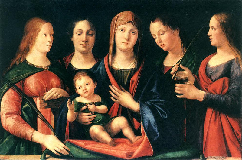 Marie og barnet med hellige Marie-Madeline og hellige Catherine - Alvise Vivarini