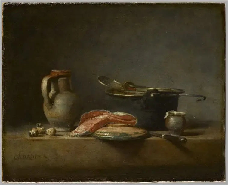 Kobbergryte, skummer, krukke og skive av laks - Jean Siméon Chardin