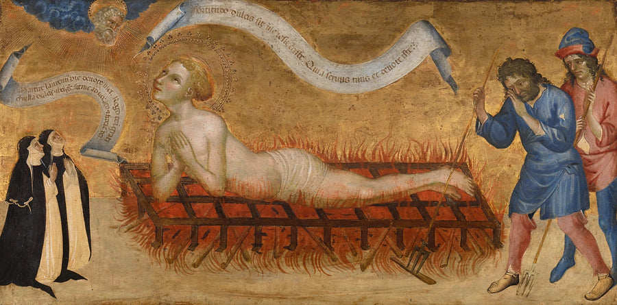 Martyrdom av Saint Laurent med to benediktinske nonner - Giovanni di Paolo