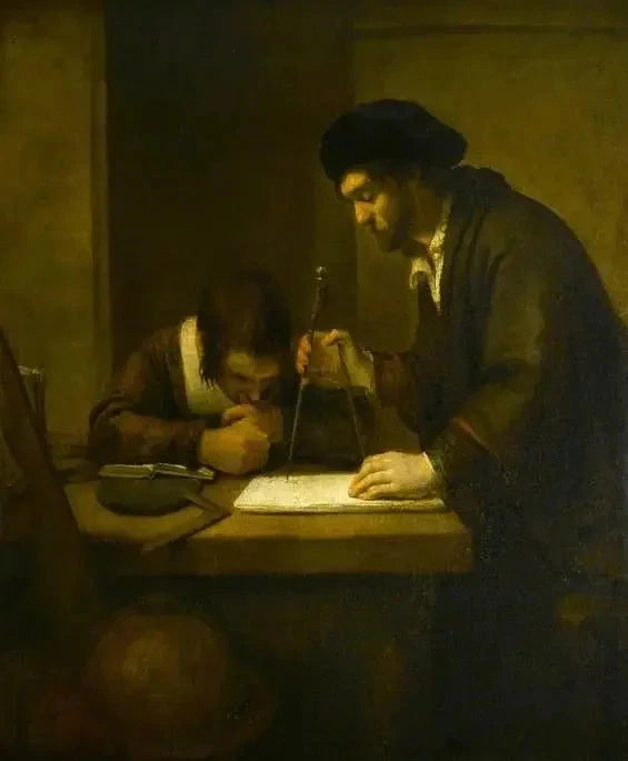 Matematikeren, en lærde med delere og en vinkelmåler ved et bord i sitt kontor, assistert av en elev - Rembrandt