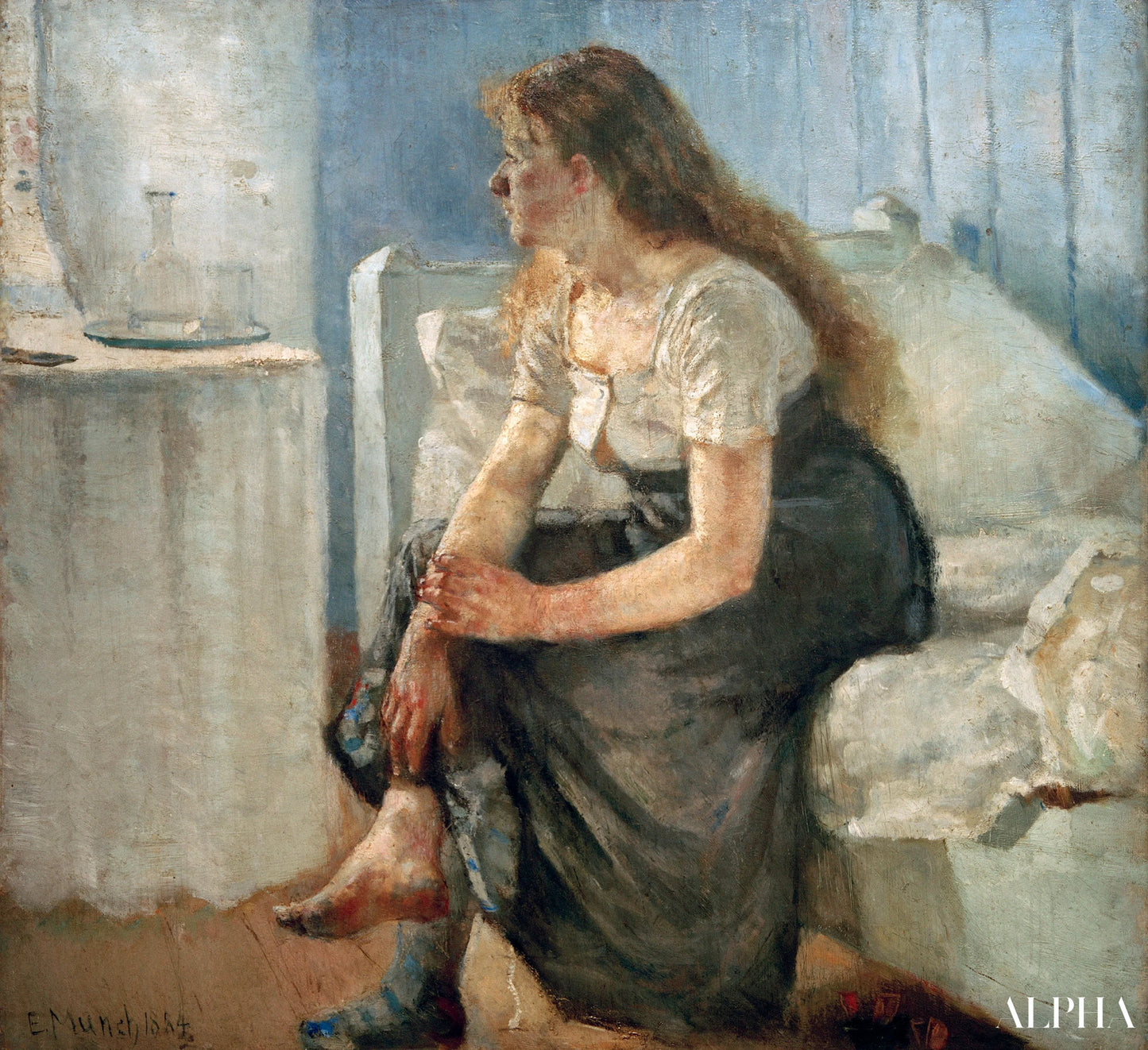 Morgen (Jente sittende på sengen) - Edvard Munch - Høykvalitets reproduksjoner av malerier og bilder