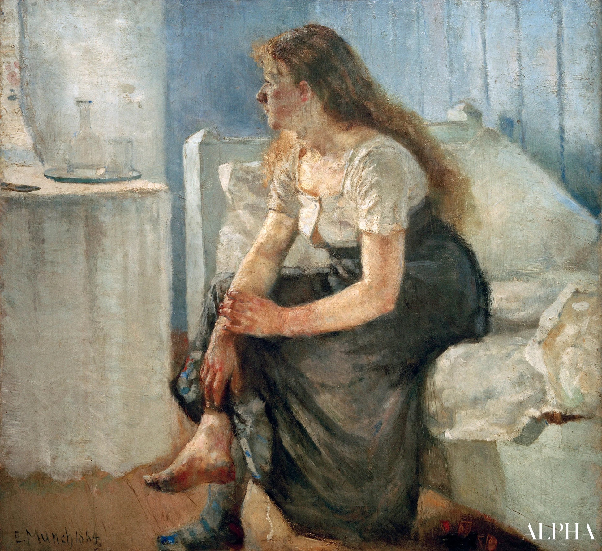 Morgen (Jente sittende på sengen) - Edvard Munch - Høykvalitets reproduksjoner av malerier og bilder