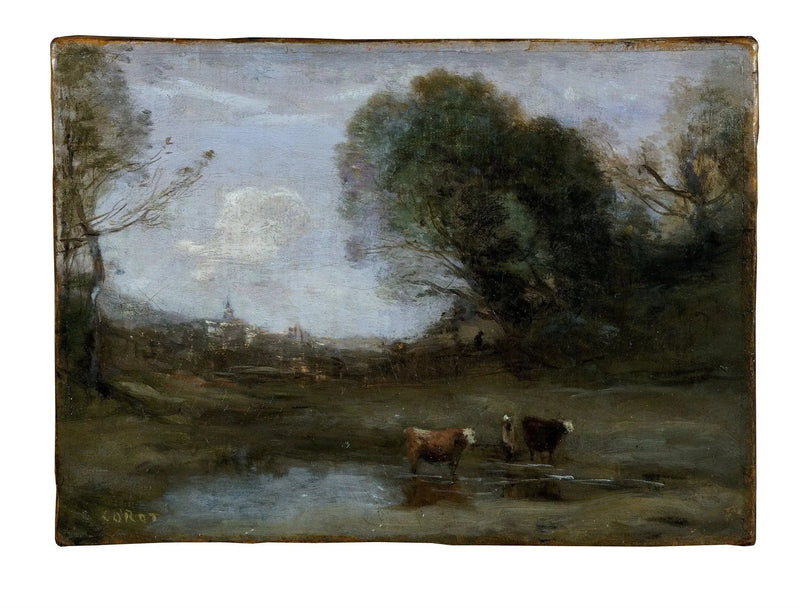 Morgen: Landskap med to kuer og en silhuett - Jean-Baptiste Camille Corot