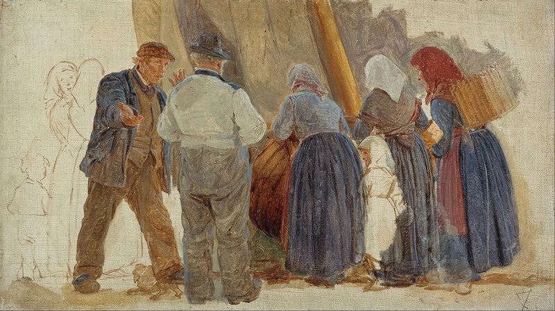 Morgen i Hornbæk. Menn og kvinner forhandler - Peder Severin Krøyer