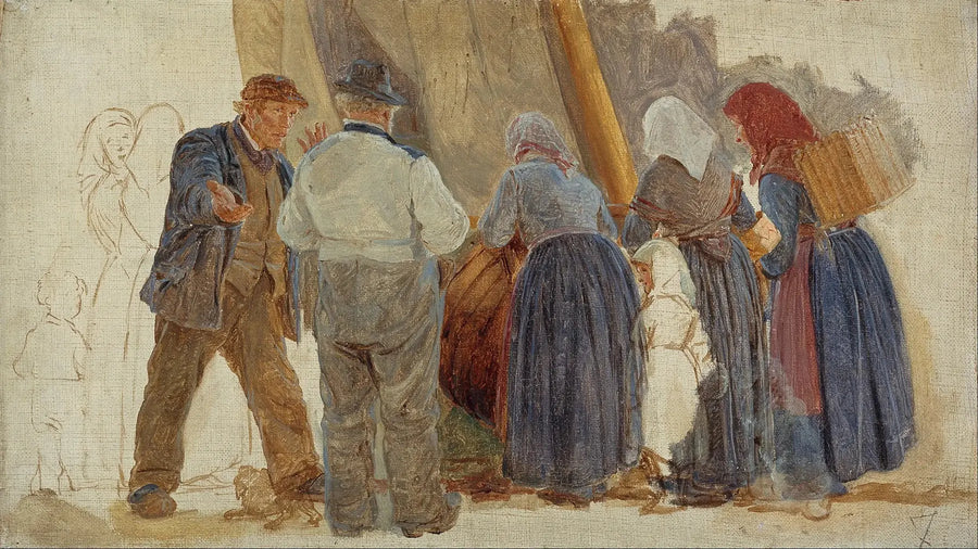 Morgen i Hornbæk. Menn og kvinner forhandler - Peder Severin Krøyer