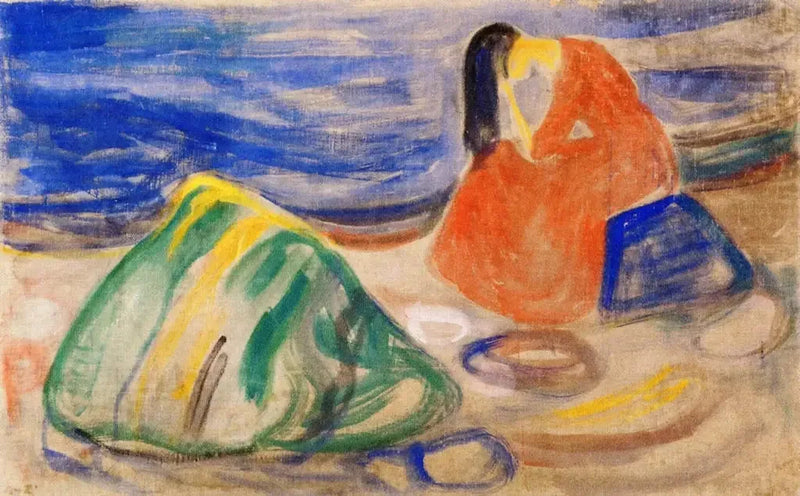 Melankoli. Kvinne gråtende på stranden - Edvard Munch