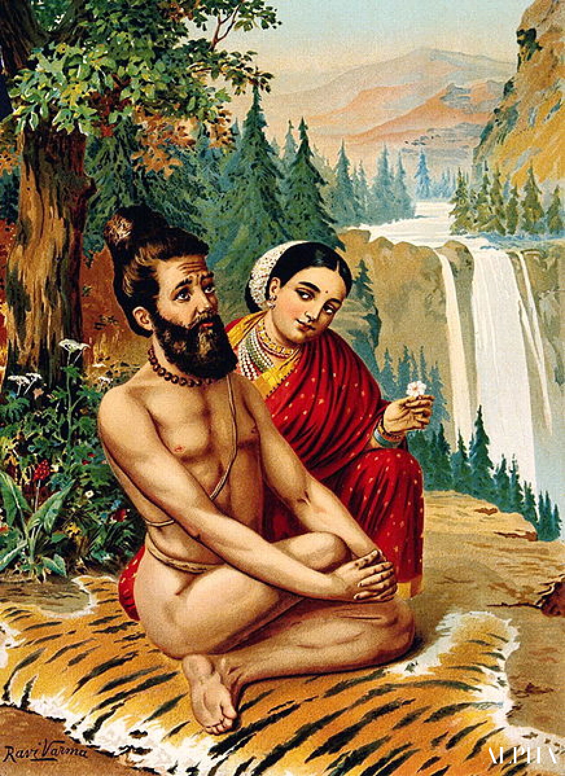 Menaka nymfen som frister yogien - Raja Ravi Varma - Høykvalitets reproduksjoner av malerier og bilder