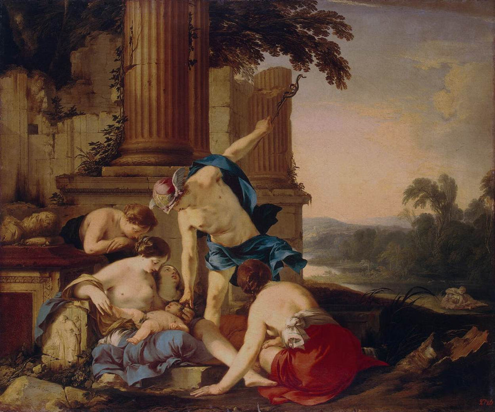 Mercure emmène Bacchus pour qu'il soit élevé par des nymphes - Laurent de La Hyre image 1 reproduction artisanale de tableau