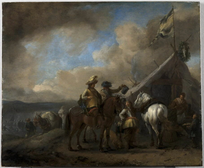 Militaires à cheval faisant halte devant la tente-auberge d'une cantinière - Philips Wouwerman